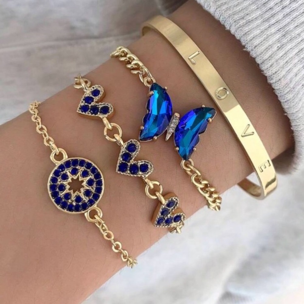24k Gold Plated Bracelet Set with Blue Crystal Butterfly and Navy Accents new